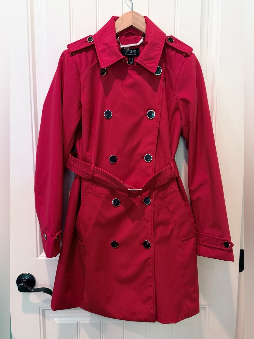 DENNIS BASSO NWOT Small Red Double-Breasted Belted Trench Coat Winter Holiday